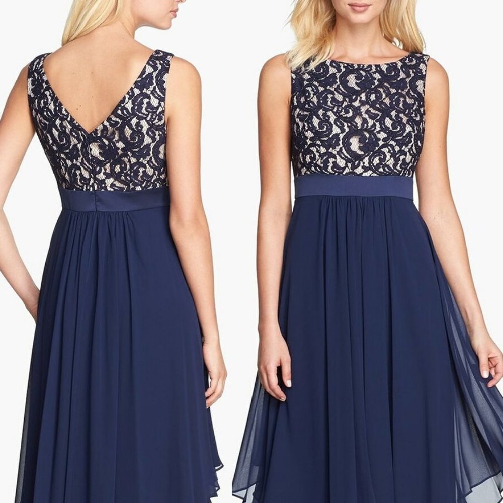 NEW Eliza J. Navy Blue Lace and Chiffon Gown Modest Prom Maxi Dress Size 14 $219 - Picture 2 of 16